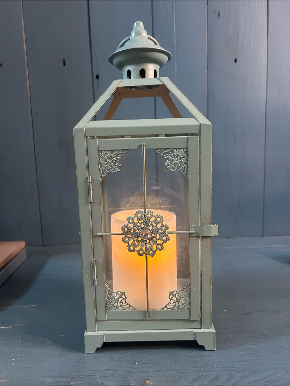 Pier 1 Imports Light Blue Metal Decorative Lantern with Filigree Medallion